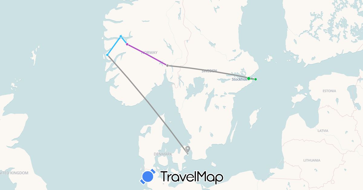 TravelMap itinerary: driving, bus, plane, train, boat in Denmark, Norway, Sweden (Europe)